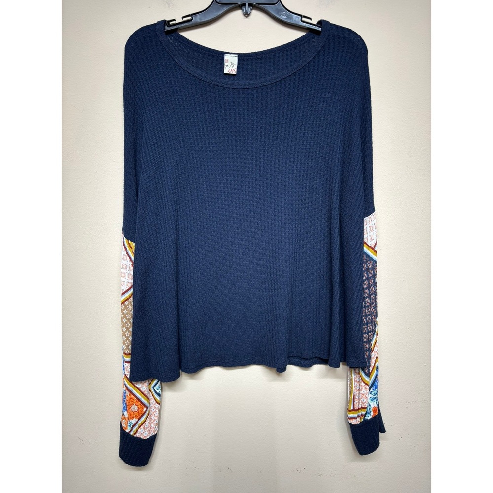 7th‎ Ray Navy Waffle Knit Boho Top Womens Large Patch Sleeve Casual